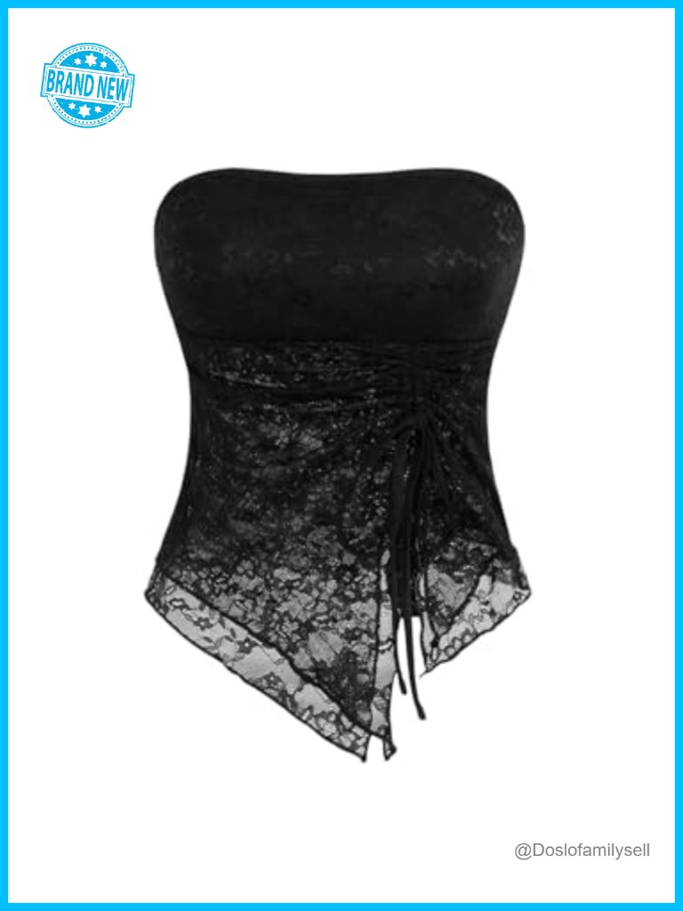 Lace Strapless Tube Top Asymmetrical Ruched Backless Mesh Sheer Club Outing